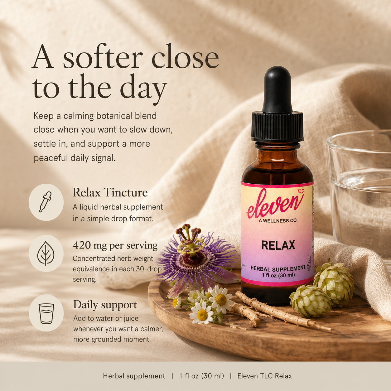 Eleven TLC Relax tincture infographic detailing botanical blend of valerian, kava, and passionflower for nervous system calm.