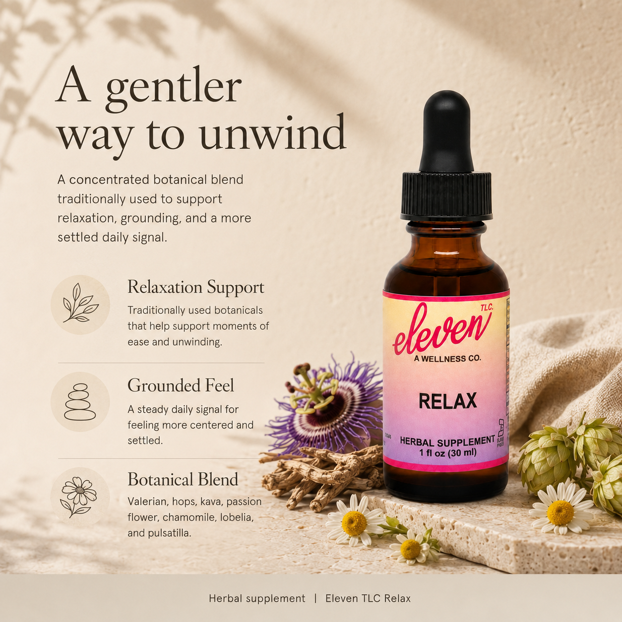 Eleven TLC Relax 1oz herbal tincture amber bottle with front label branding on neutral background.