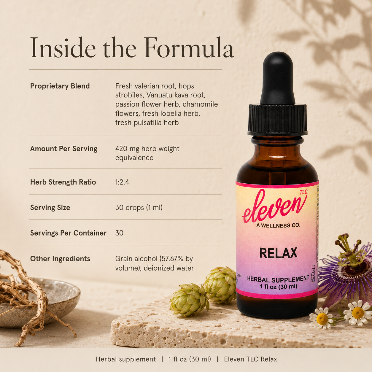 Eleven TLC Relax 1oz herbal tincture amber bottle, side view showing Supplement Facts label and usage instructions.