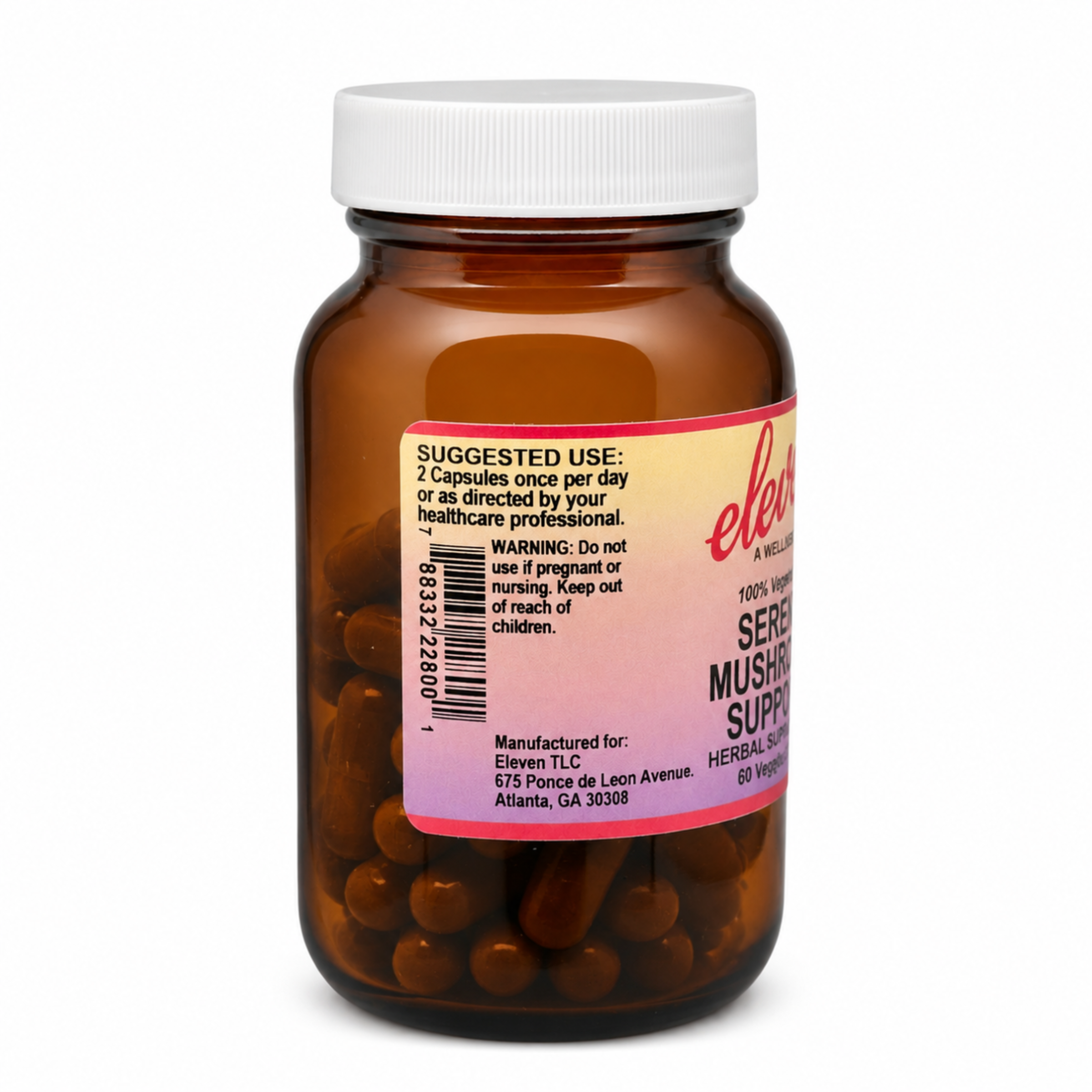 Eleven TLC Serene Mushroom + Herb capsules label: suggested use of 2 capsules daily as directed by your healthcare professional.