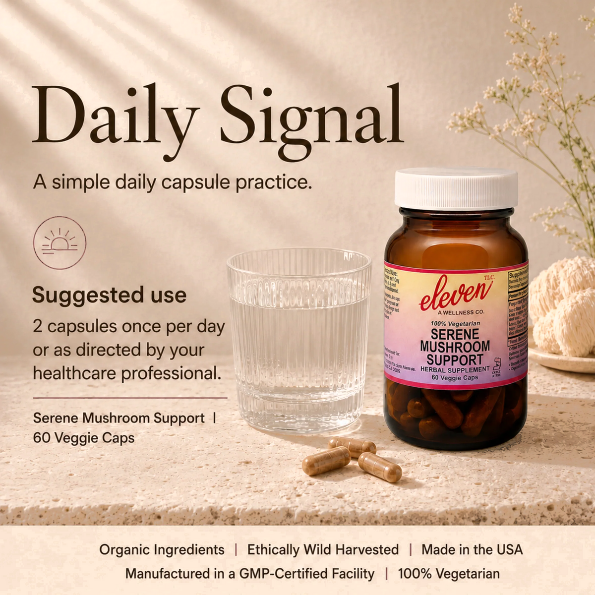 Eleven TLC Serene Mushroom + Herb capsules 60-count bottle displayed with capsules and water for the Daily Signal practice.
