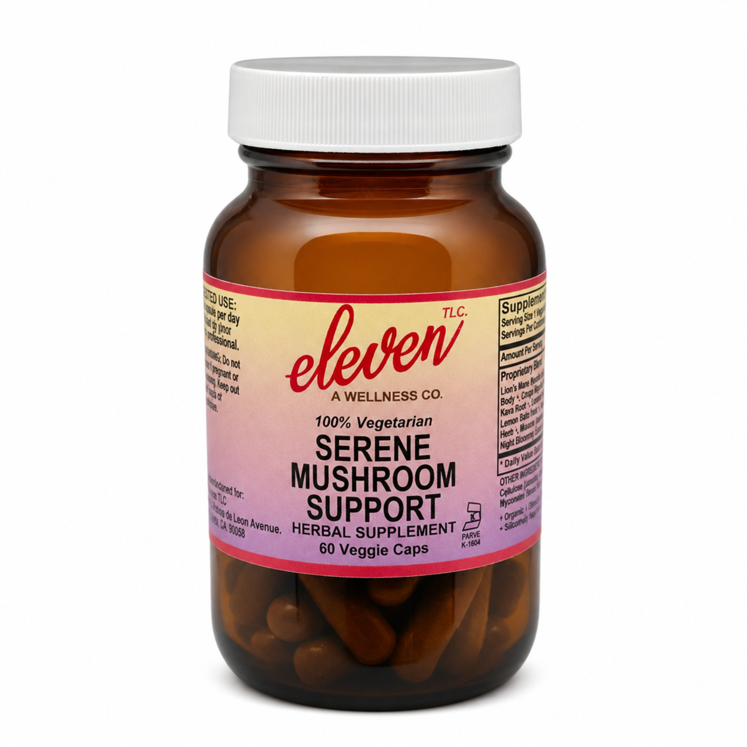 Eleven TLC Serene Mushroom + Herb capsules, 60 count bottle with proprietary calming blend of mushrooms and botanicals.