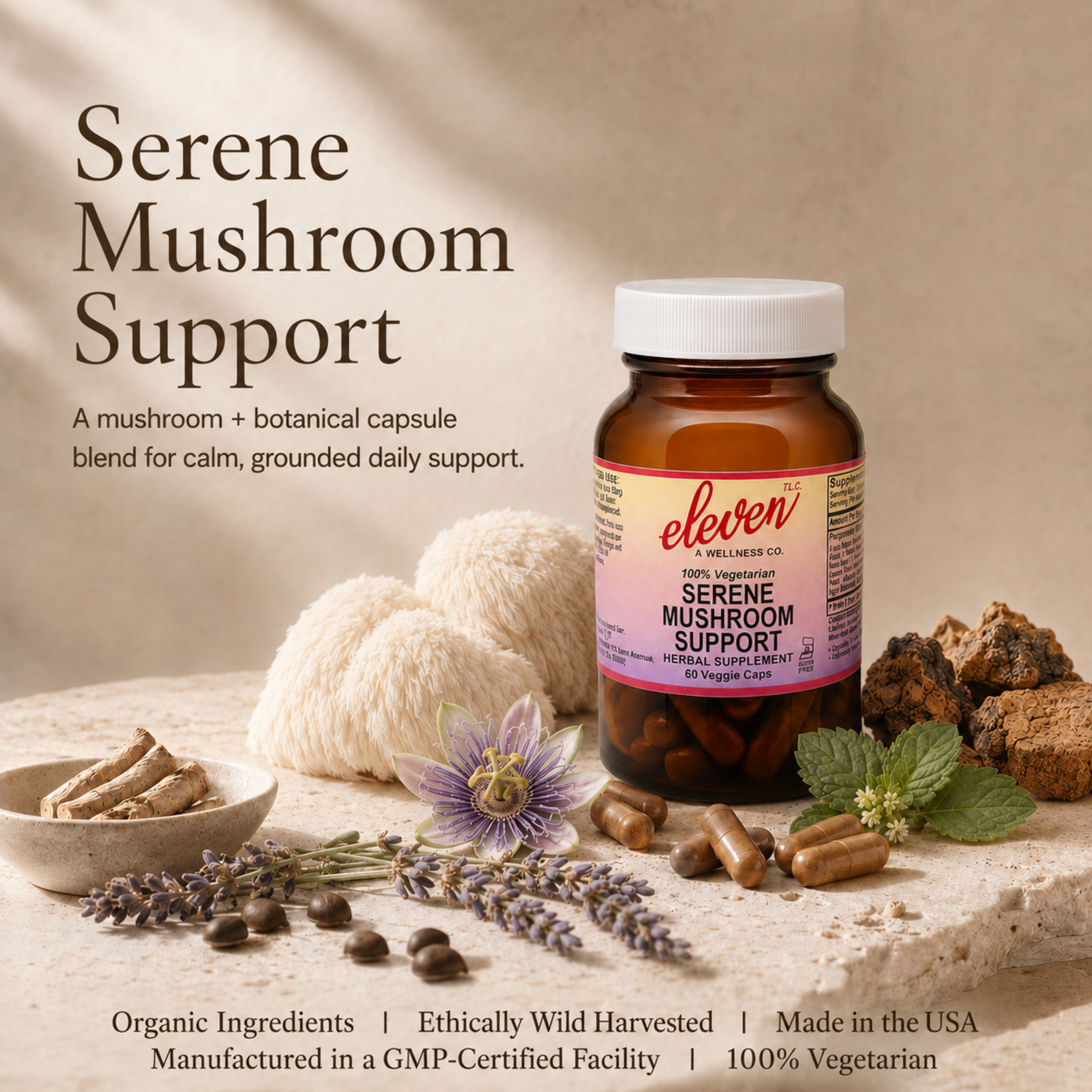 Eleven TLC Serene Mushroom + Herb capsules 60-count amber bottle displayed with botanical ingredients on beige background.