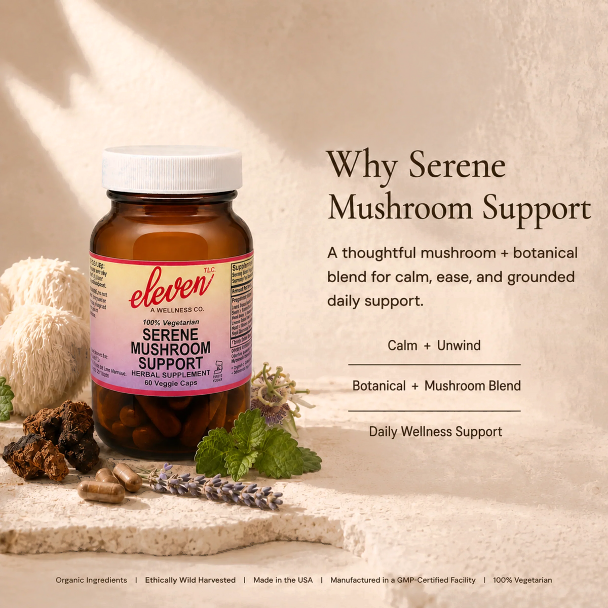 Eleven TLC Serene Mushroom + Herb capsules educational graphic; amber bottle with botanical ingredients, calming summary.