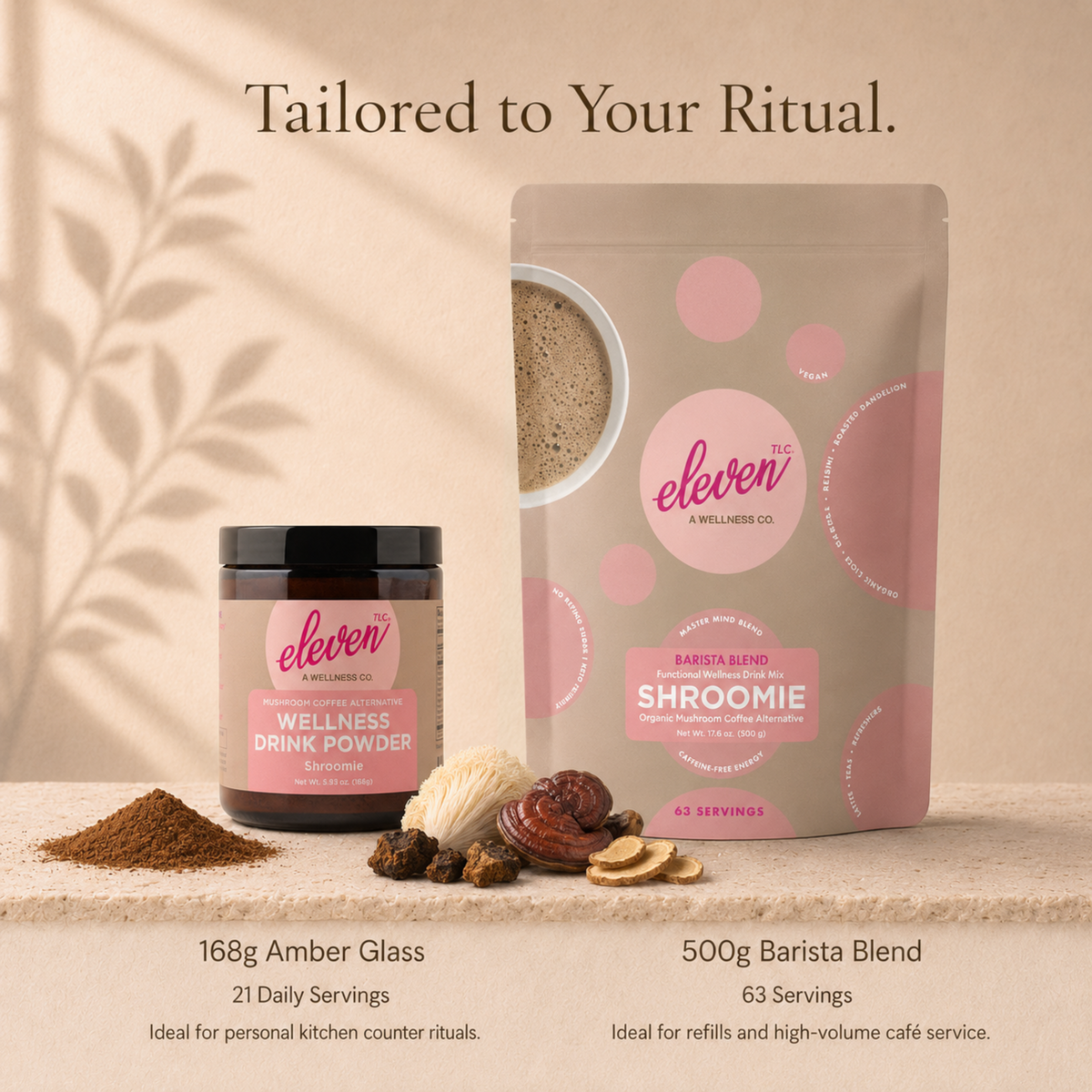 Eleven TLC Shroomie 500g bulk pouch and retail jar displaying packaging variation and product scale.