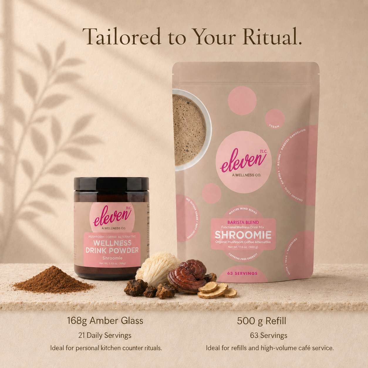 Eleven TLC Shroomie 500g bulk pouch and retail jar displaying packaging variation and product scale.