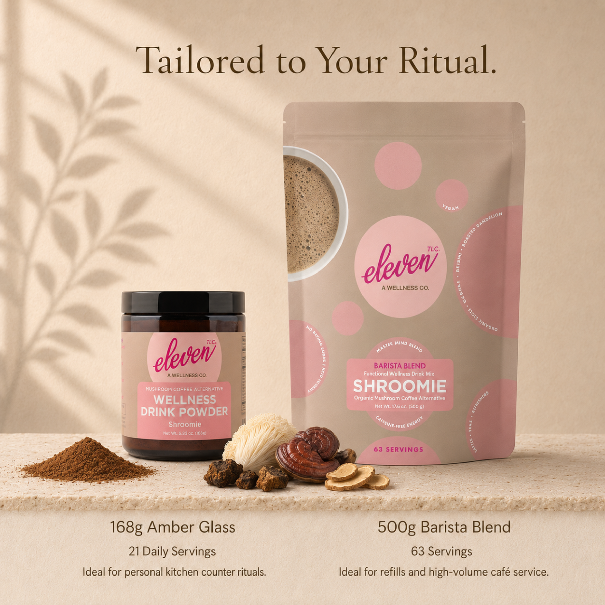 Eleven TLC Shroomie 500g bulk pouch and retail jar displaying packaging variation and product scale.