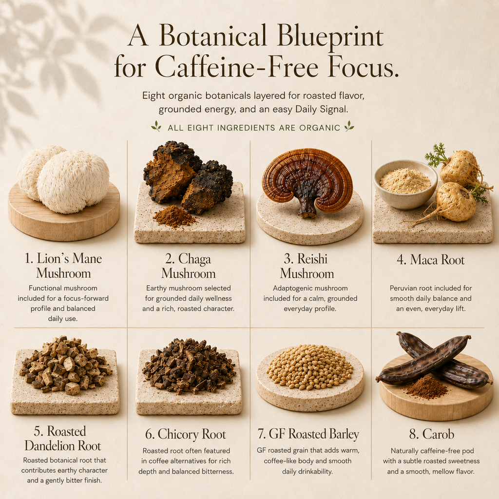 Eleven TLC Shroomie botanical blueprint showing 8 functional ingredients including Lion's Mane, Reishi, and Chaga mushrooms.