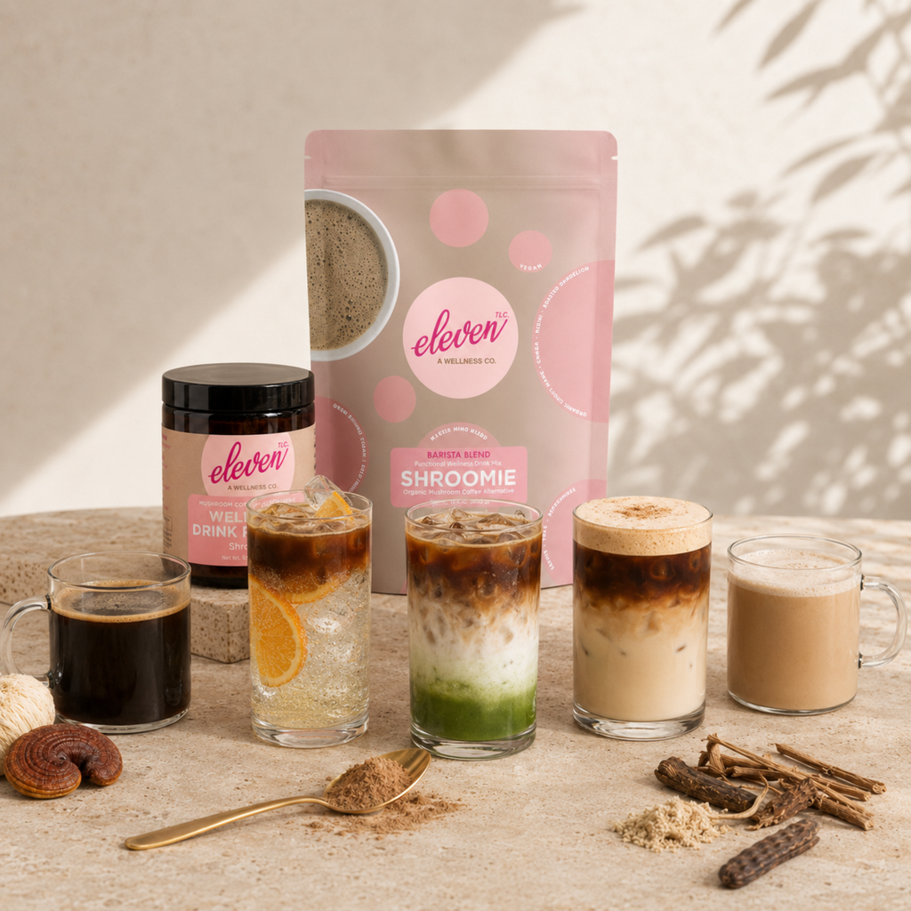 Eleven TLC Shroomie 500g pouch with four adaptogen beverage variations in glass cups on a neutral surface.
