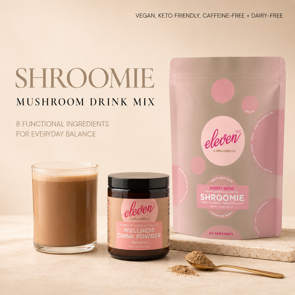 Eleven TLC Shroomie 500g pouch with matching retail jar and prepared beverage on a neutral studio background.