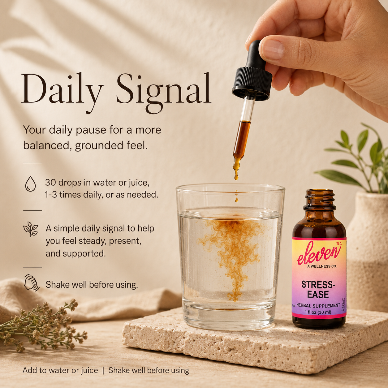 Eleven TLC Stress Ease tincture 1oz bottle with dropper pouring into water, illustrating daily signal calm routine.