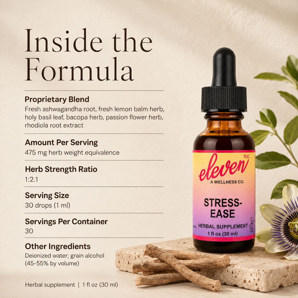 Eleven TLC Stress Ease tincture 1oz infographic detailing ashwagandha and rhodiola proprietary botanical blend.