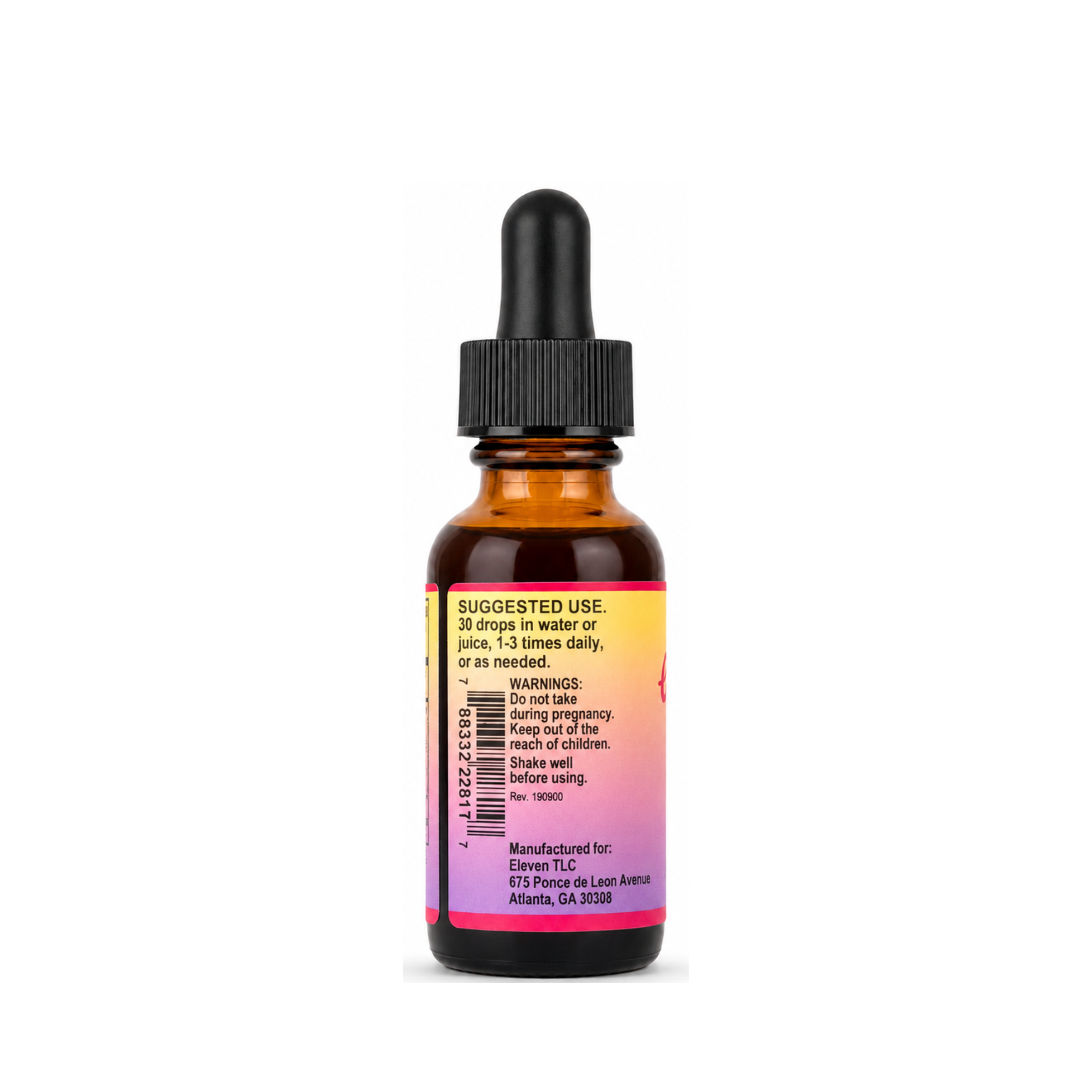 Eleven TLC 1oz Stress Ease tincture label: suggested use of 30 drops, 1-3 times daily in water or juice.