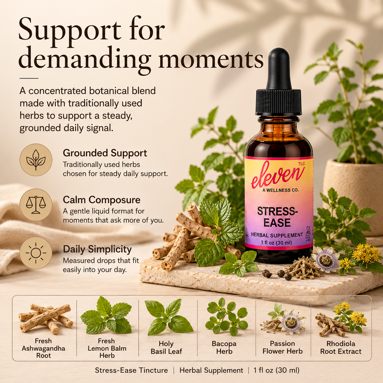 Eleven TLC Stress-Ease infographic detailing 6-herb adaptogenic blend, daily ritual benefits, and 1oz volume specification.