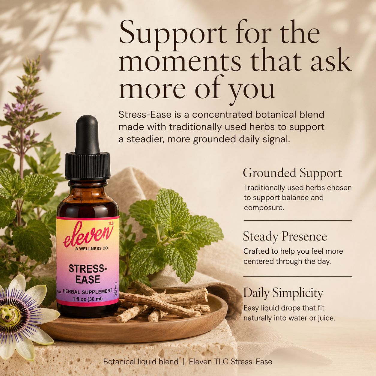 Eleven TLC Stress Ease tincture 1oz bottle with botanicals on stone, illustrating daily calm and adaptogenic support.