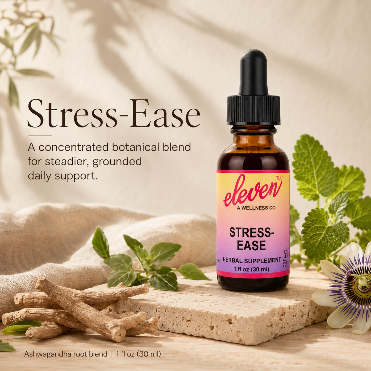 Eleven TLC Stress Ease herbal tincture 1oz amber dropper bottle with front label branding on white surface.