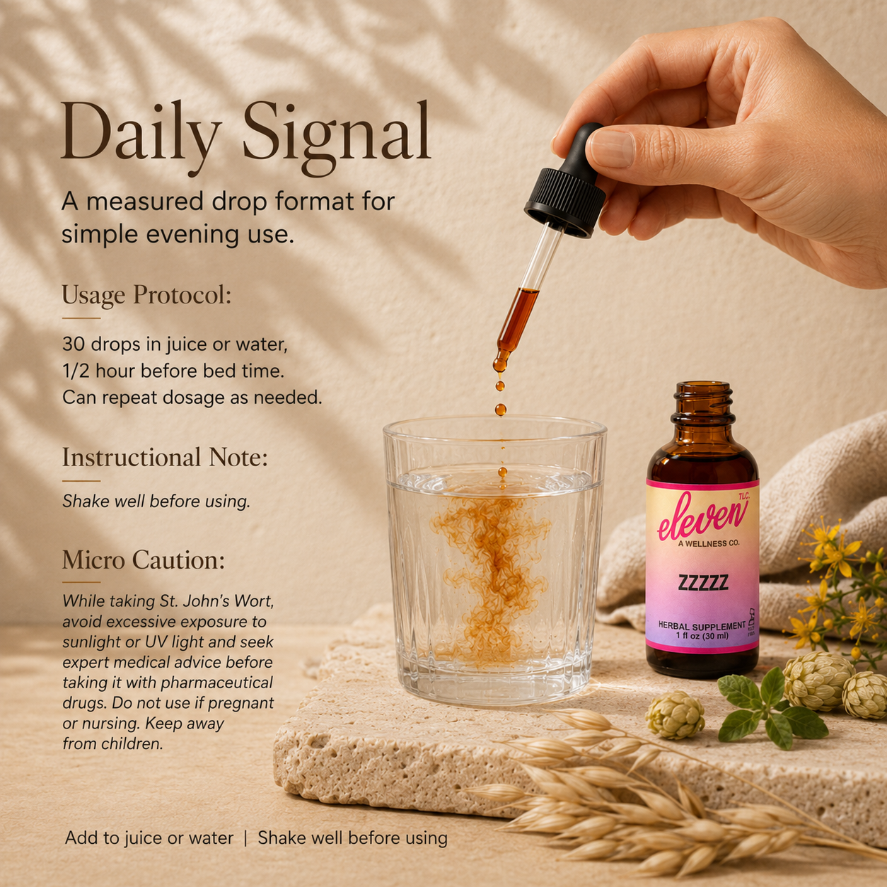 Eleven TLC ZZZZZ tincture shown with botanical ingredients and callouts for a measured evening daily signal.
