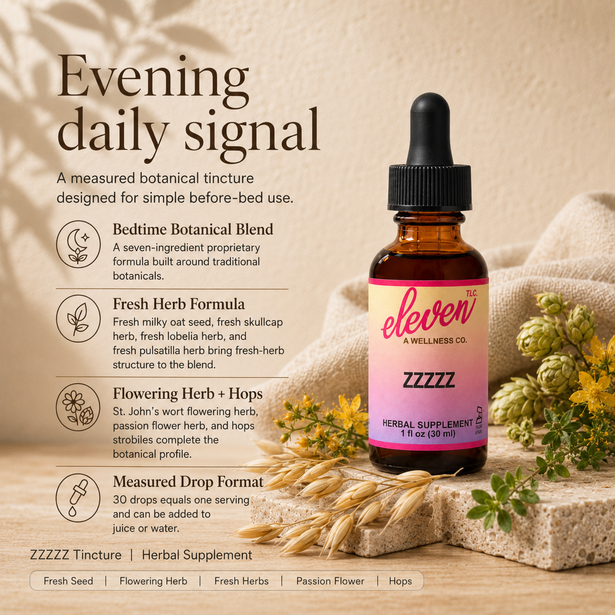 Eleven TLC ZZZZZ tincture shown with botanical ingredients and callouts for a measured evening daily signal.