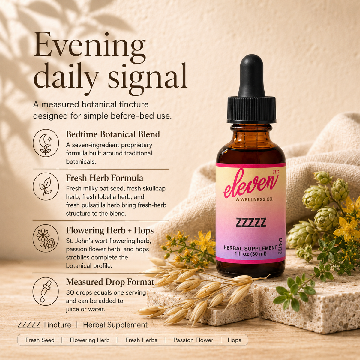 Eleven TLC ZZZZZ tincture shown with botanical ingredients and callouts for a measured evening daily signal.