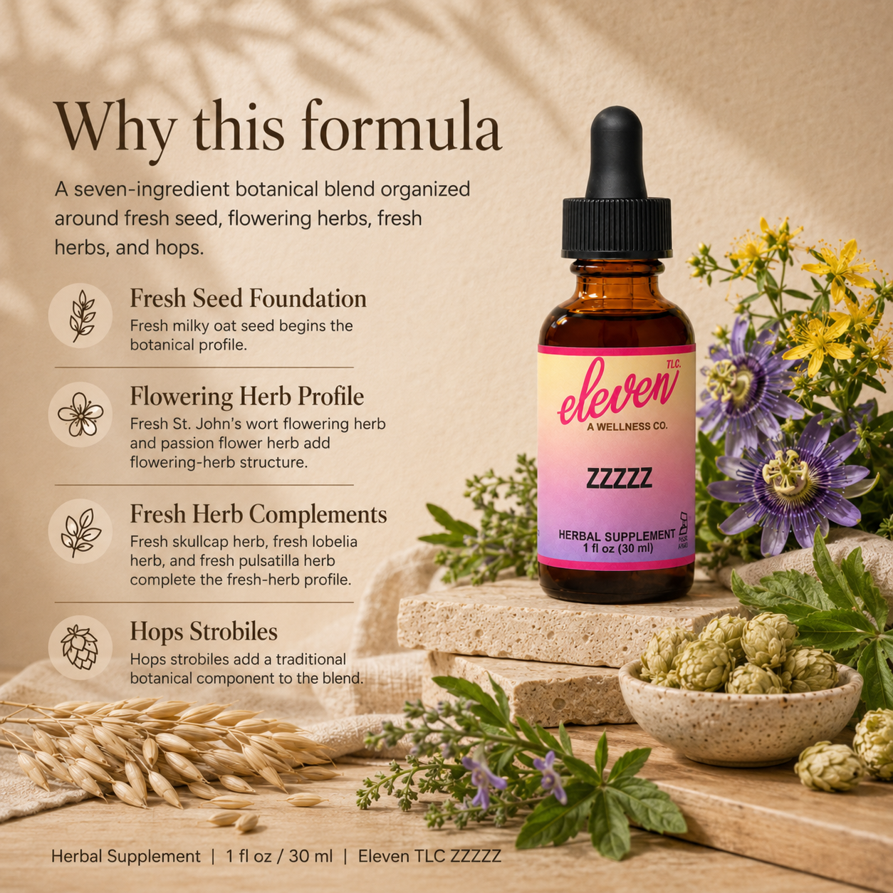 Eleven TLC ZZZZZ herbal supplement tincture with oat seed, hops, passion flower, and botanical formula callouts.