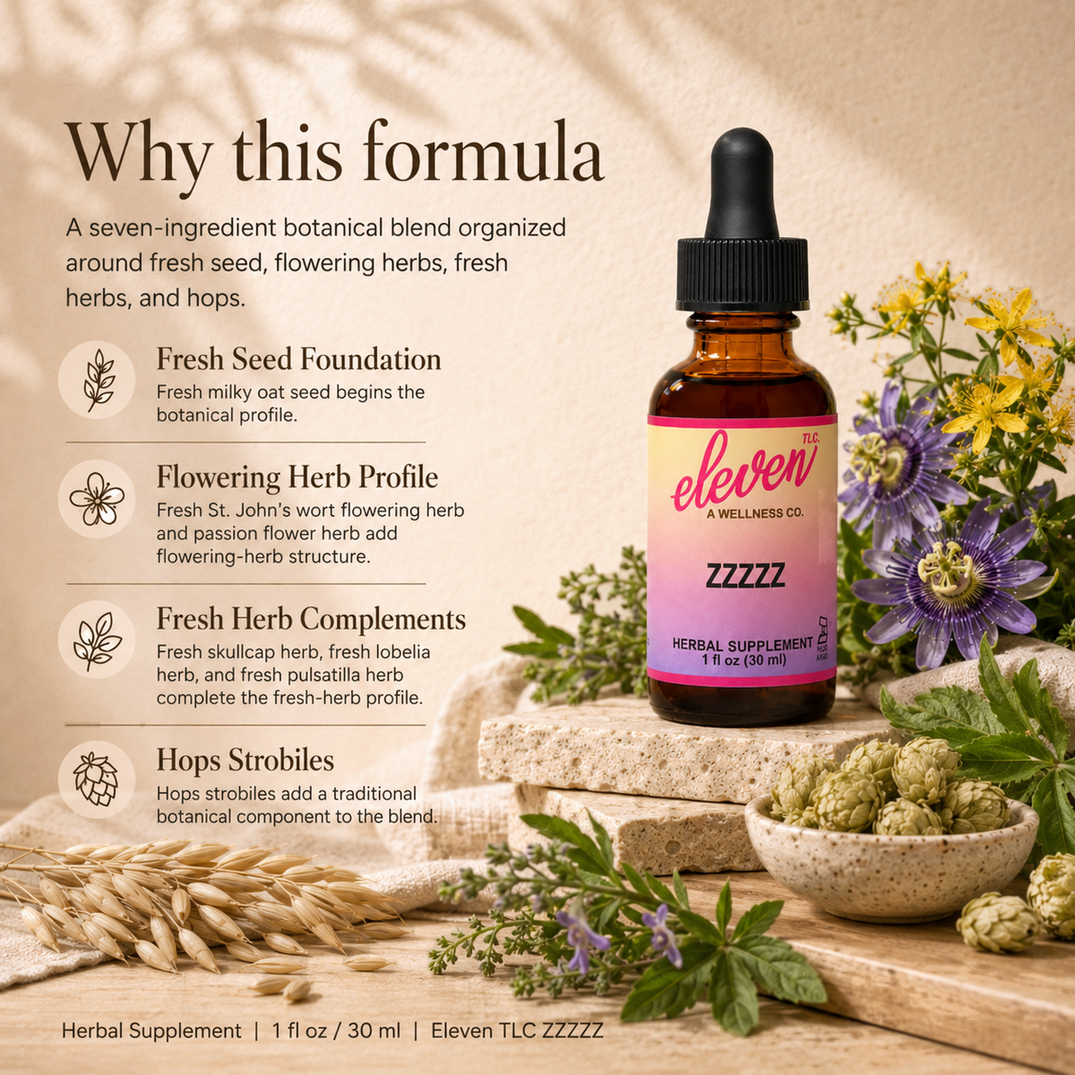 Eleven TLC ZZZZZ herbal supplement tincture with oat seed, hops, passion flower, and botanical formula callouts.