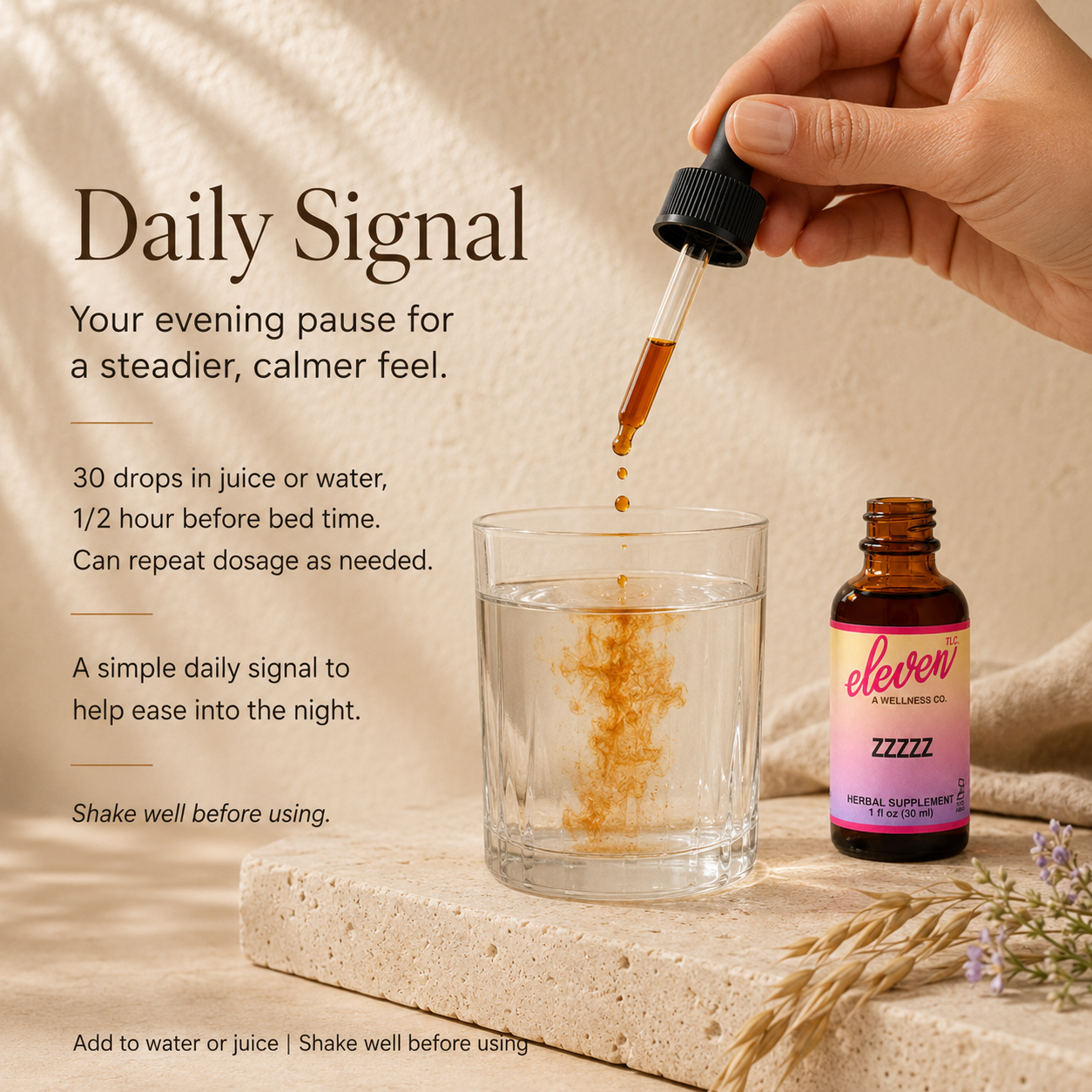 Eleven TLC ZZZZZZ melatonin-free sleep tincture 1oz bottle with dropper and glass of water illustrating daily signal use.