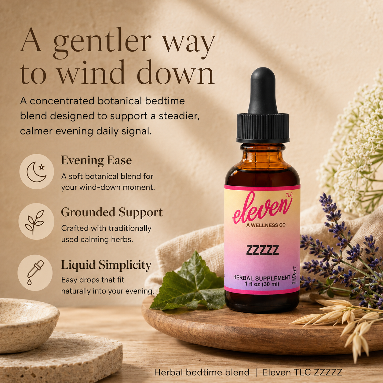Eleven TLC ZZZZZZ melatonin-free sleep tincture 1oz bottle with infographic highlighting gentle botanical wind-down support.