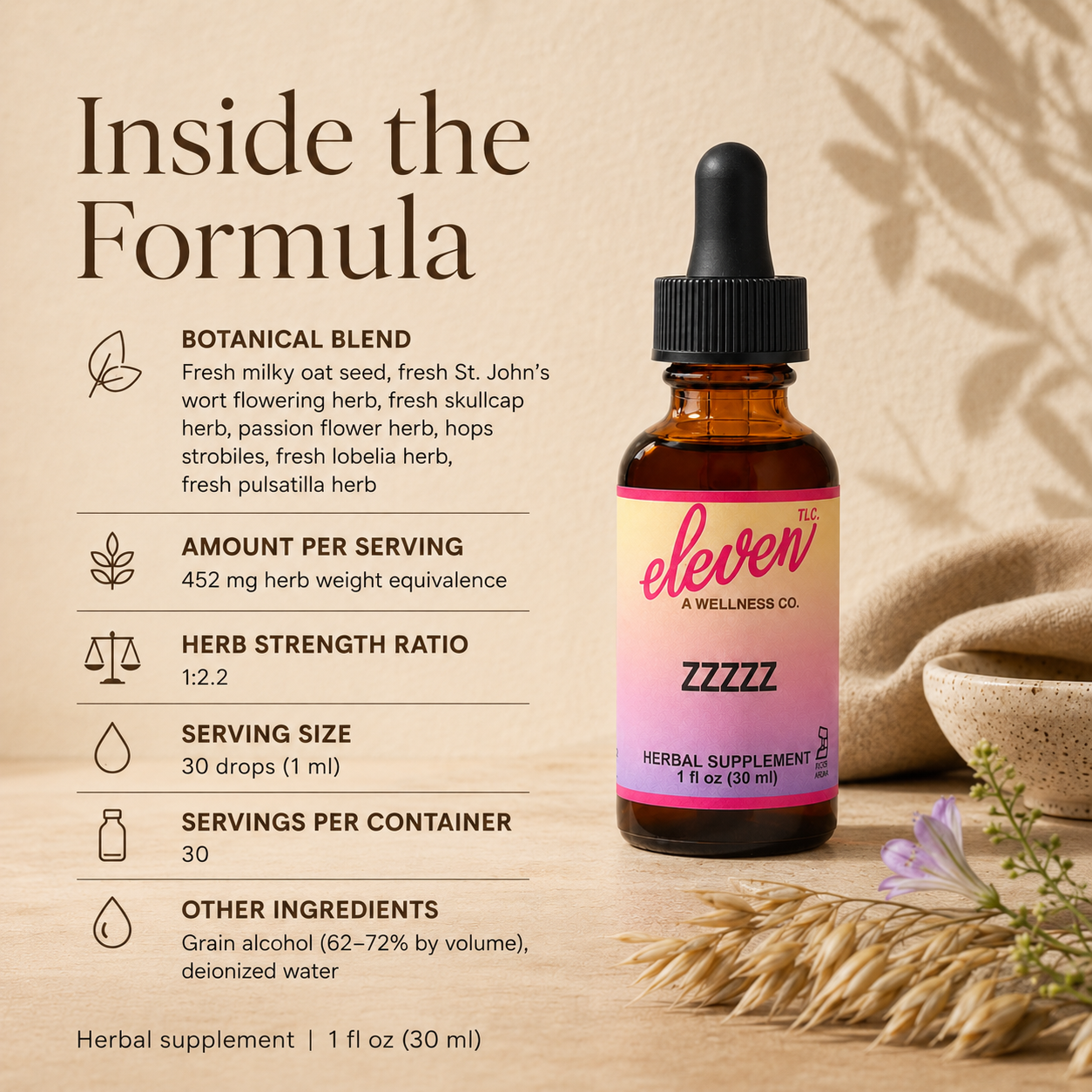 Eleven TLC ZZZZZZ sleep tincture 1oz infographic detailing botanical blend, herb strength ratio, and ingredient list.