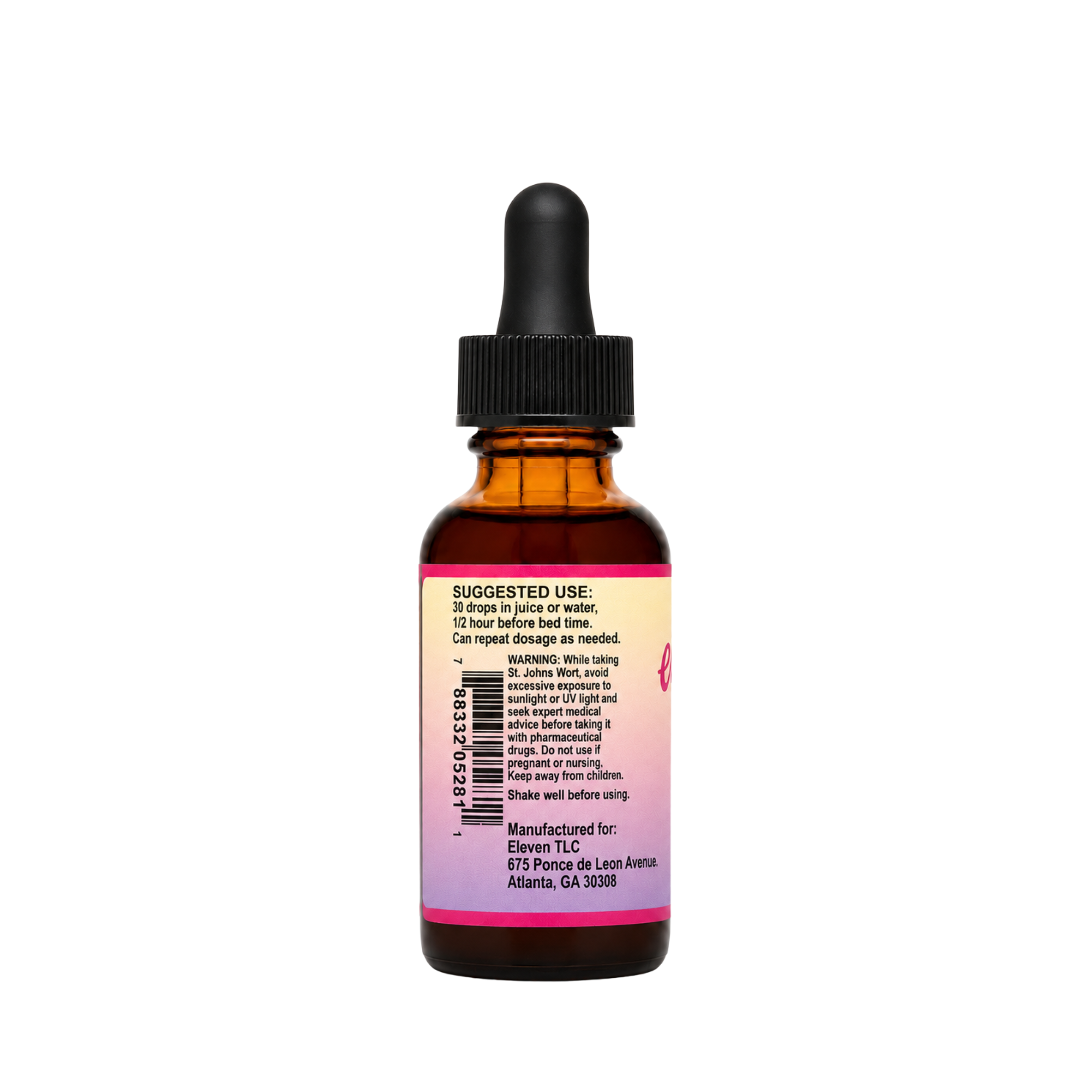 Eleven TLC ZZZZZZ sleep tincture 1oz bottle with infographic showing suggested use instructions and usage warnings.