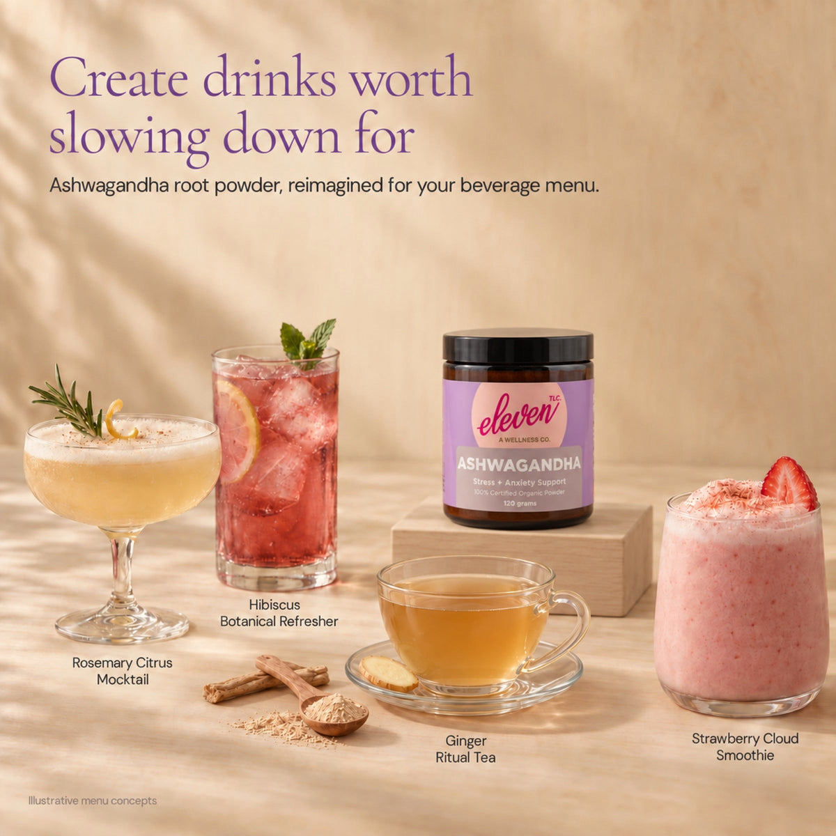 Ashwagandha menu inspiration with the Eleven TLC ashwagandha root powder 120g amber glass jar: a rosemary citrus mocktail, hibiscus botanical refresher, ginger ritual tea and strawberry cloud smoothie, with ashwagandha root and a spoon of powder.