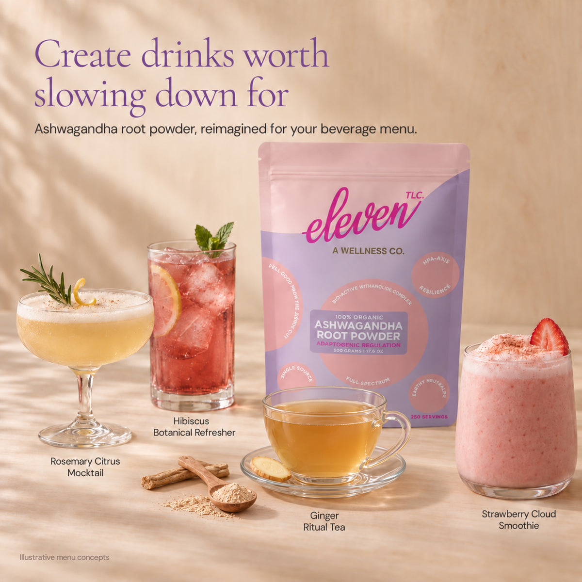 Ashwagandha menu inspiration with the Eleven TLC organic ashwagandha root powder 500g pouch: a rosemary citrus mocktail, hibiscus botanical refresher, ginger ritual tea and strawberry cloud smoothie, with ashwagandha root and a spoon of powder.