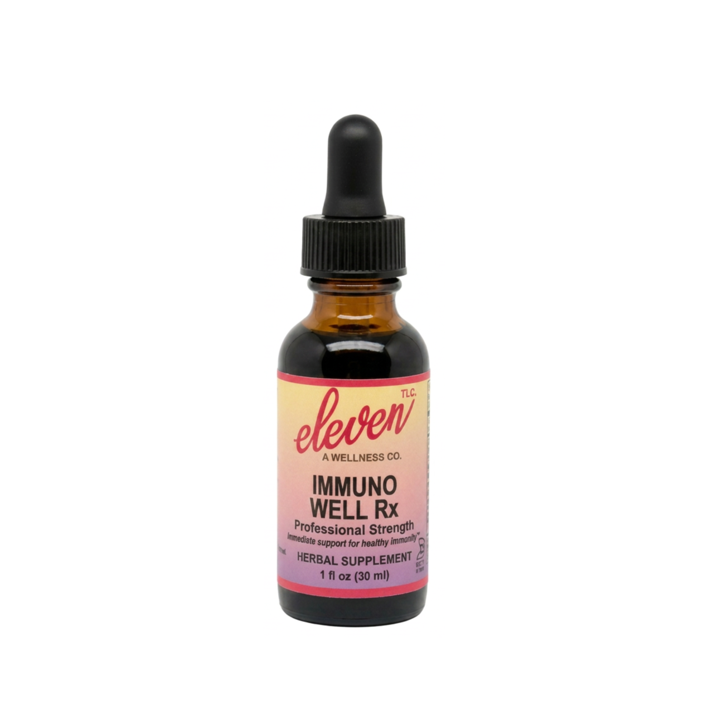 Amber glass dropper bottle of Immuno Well Rx tincture, 1 oz size, with black dropper cap and branded label.