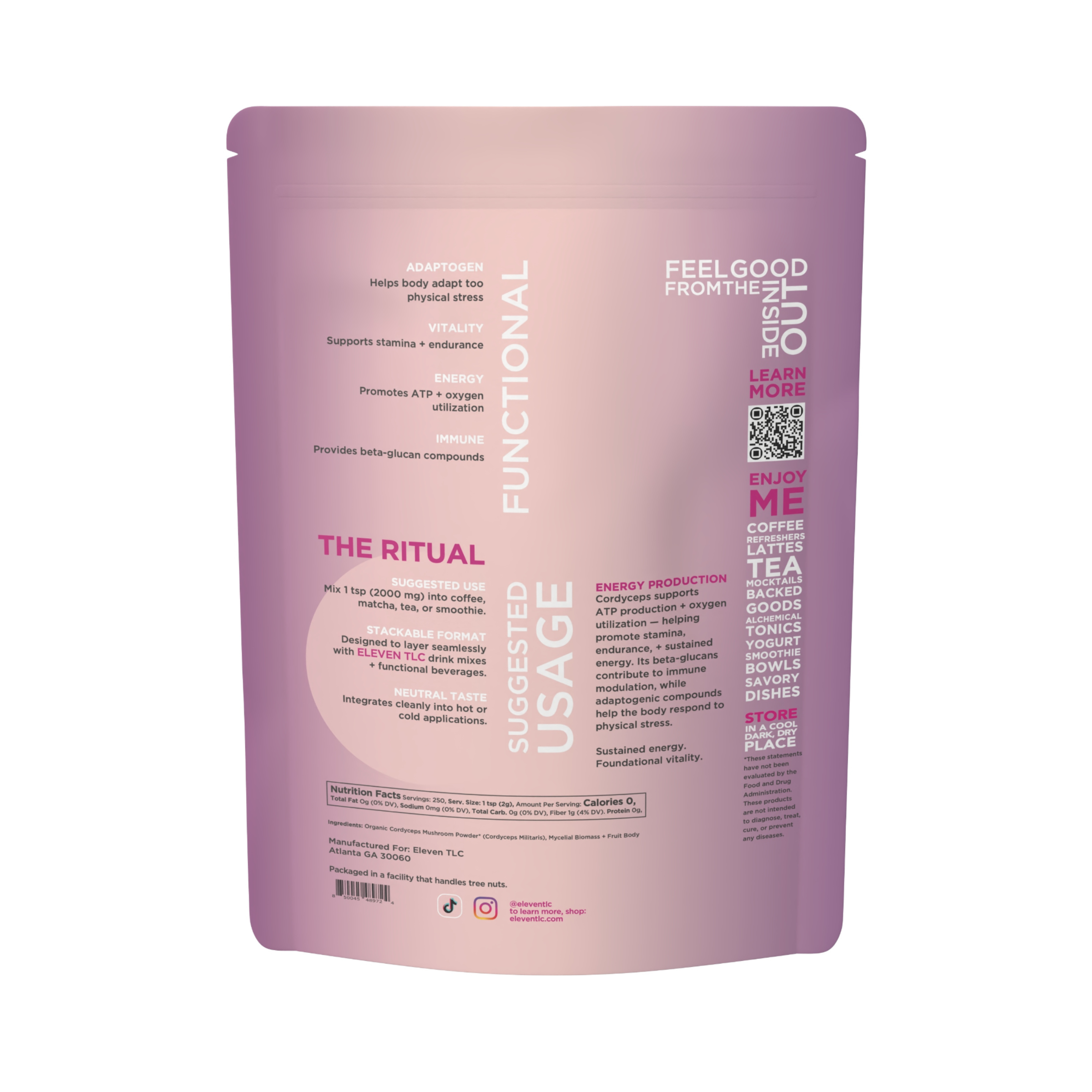 Back panel of organic cordyceps militaris powder pouch detailing 250 servings and daily signal usage instructions.