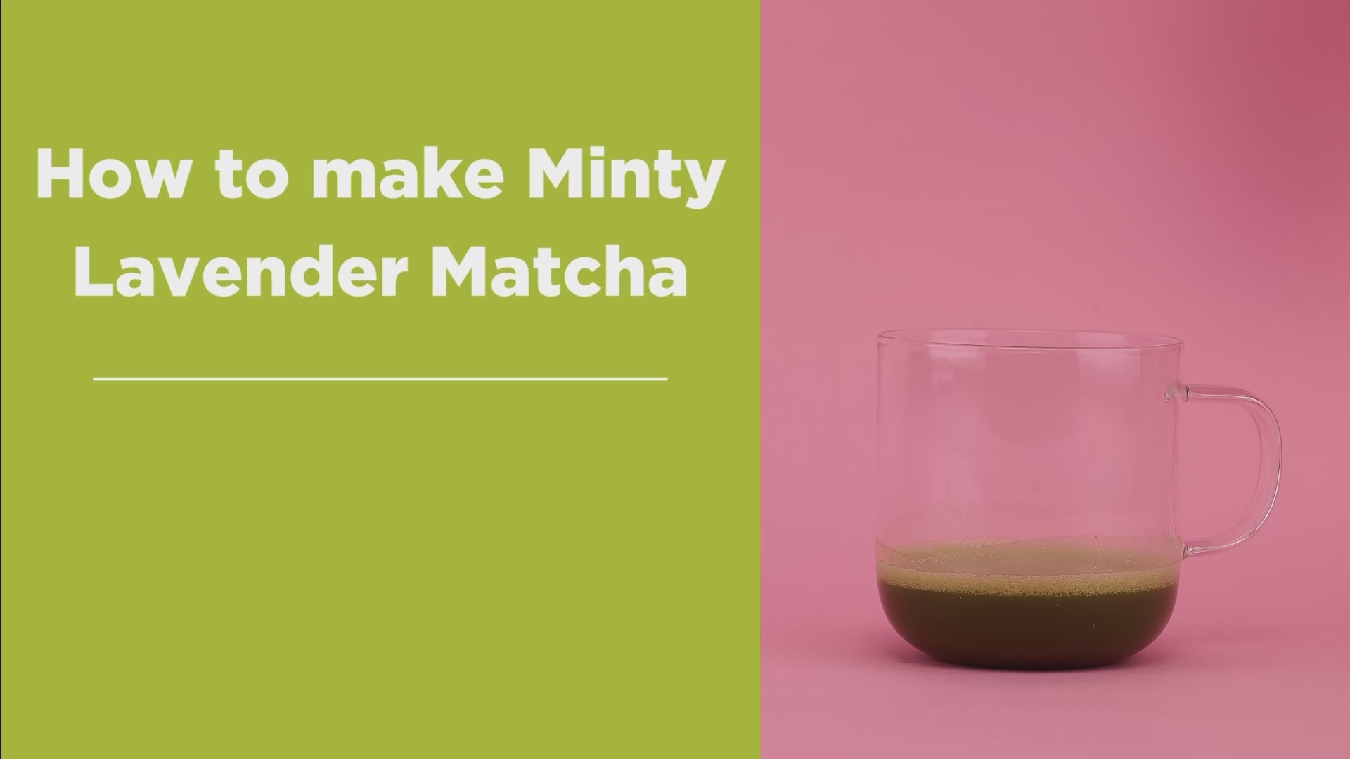 A 7-second e-commerce tutorial video for Eleven TLC Minty Lavender Matcha Powder. The split-screen display features a green left panel with the text headline, How to make Minty Lavender Matcha, next to a pink right panel showing the physical preparation of pouring hot liquid over the green tea powder in a clear glass mug.