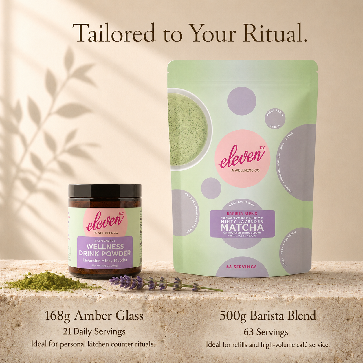 A square 1:1 e-commerce size comparison infographic for Eleven TLC Minty Lavender Matcha Powder. The 168g amber glass jar (21 daily servings) sits on the left, and the larger 500g barista blend bulk pouch (63 servings) stands on the right. Both items rest on a travertine stone slab below the Cormorant Garamond headline, Tailored to Your Ritual.
