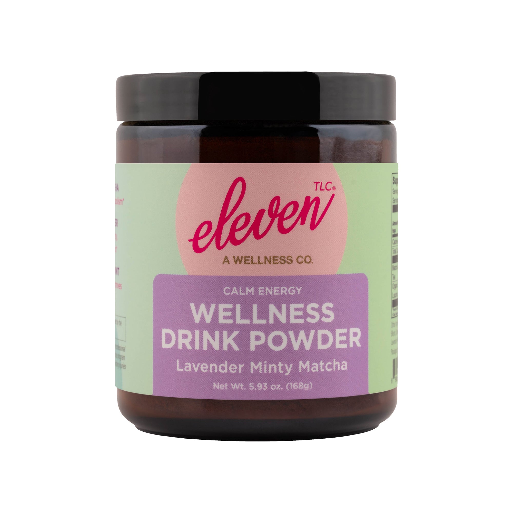A clean square 1:1 e-commerce studio product shot of the Eleven TLC Minty Lavender Matcha Wellness Drink Powder in a 168g amber glass jar. The front panel label features the pink brand logo over a lavender and green background, centered on a crisp white backdrop.