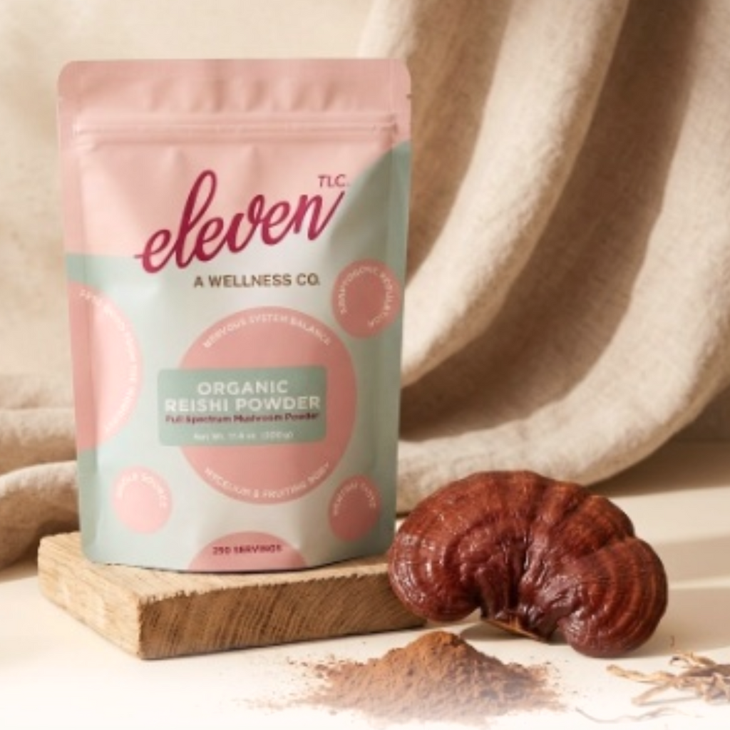 Resealable stand-up pouch of reishi mushroom powder; supports immune modulation and stress response.